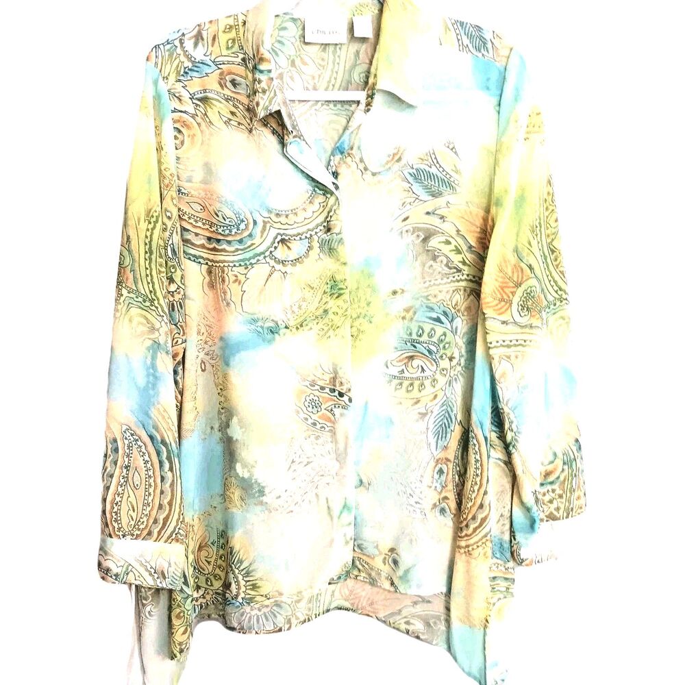 Chicos women's Sze M Button Down Blouse Hanky Hem Green Blue Yellow Sheer